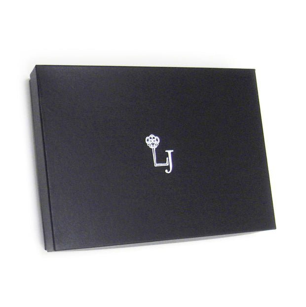 Black box with white logo "LJ" on it, featuring an elegant key design, presented in front view against a pure white background. The glossy black surface of the gift packaging reflects light, creating enhancements to its appearance. This presentation style emphasizes the high-end quality and luxury associated with luxurious gifts with much more detail from LJ LONDON.