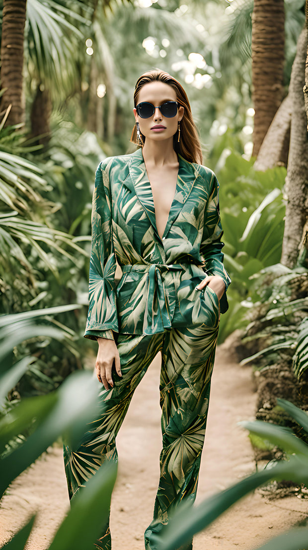 LJ LONDON Silk Pyjama Shirt and Trousers with Palm Tree Print