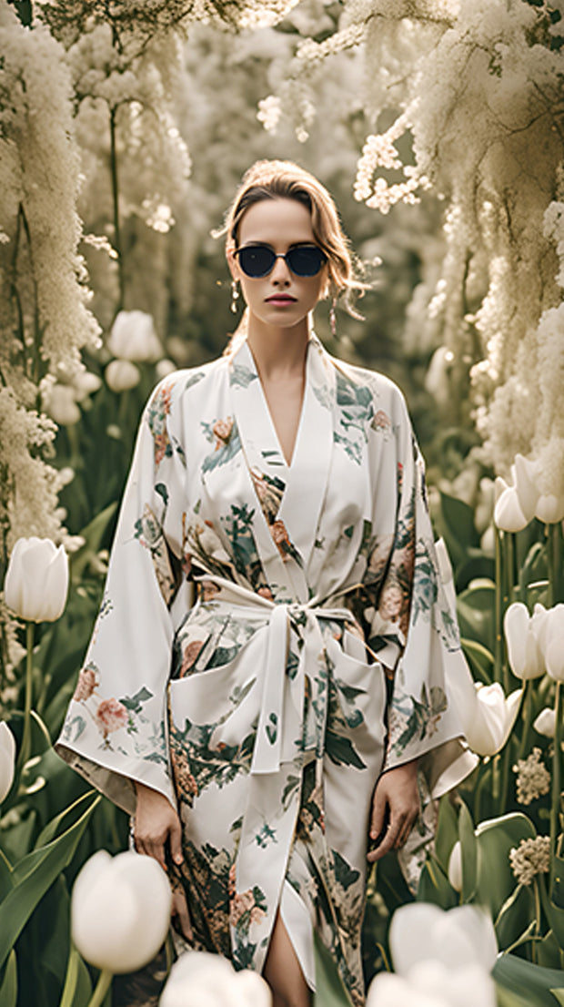 LJ LONDON Silk Kimono Robe with Floral Print