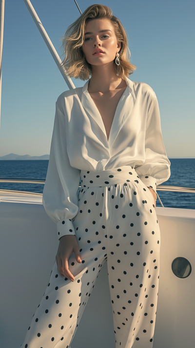 LJ LONDON Silk Trousers with Polka-dot Print