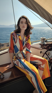LJ LONDON Silk Pyjama Shirt and Trousers with Multicoloured Stripe Print