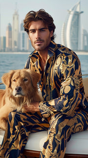 LJ LONDON Silk Pyjama Shirt and Trousers with Gold and Black Patterned Print