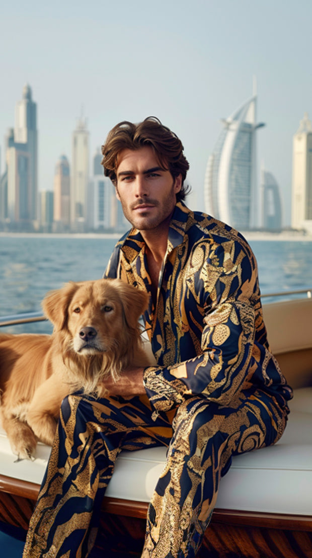 LJ LONDON Silk Pyjama Shirt and Trousers with Gold and Black Patterned Print